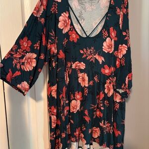 Torrid Floral V-Neck Blouse in Red and Dark Teal